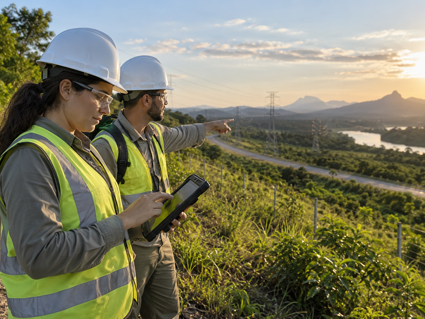 Equipe ambiental realizando inspeção de campo com tablet